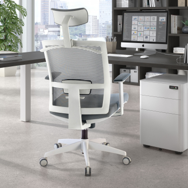 ergonomische bureaustoel wit grijs witte structuur hoofdsteun netstof mesh 1d verstelbare armleuningen lumbale steun hoofdsteun 2