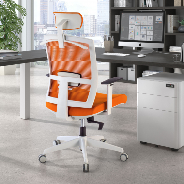 ergonomische bureaustoel wit oranje witte structuur hoofdsteun netstof mesh 1d verstelbare armleuningen lumbale steun hoofdsteun 2
