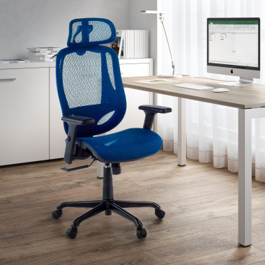 ergonomische bureaustoel blauw locktech netstof mesh 1d verstelbare armleuningen lumbale steun hoofdsteun 2