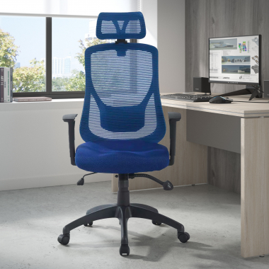 bureaustoel blauw lake netstof mesh 1d verstelbare armleuningen lumbale steun hoofdsteun 2