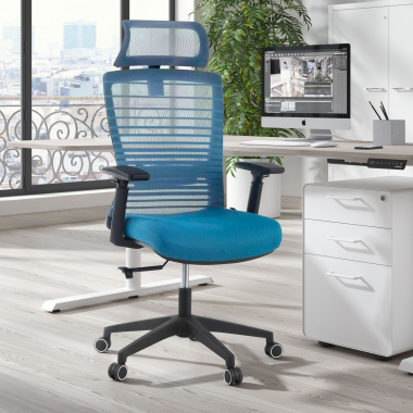 bureaustoel blauw tesla netstof mesh 3d verstelbare armleuningen lumbale steun hoofdsteun 2
