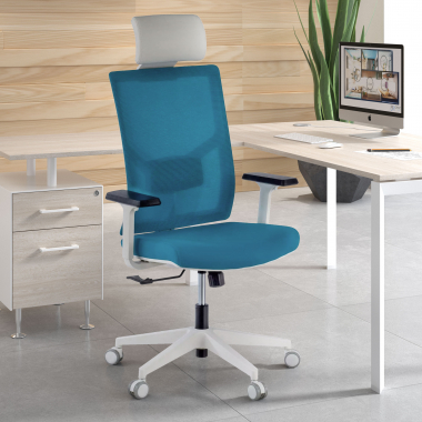 bureaustoel wit blauw witte structuur hoofdsteun netstof mesh 1d verstelbare armleuningen lumbale steun hoofdsteun 2