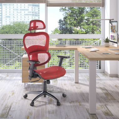 ergonomische bureaustoel rood zwarte structuur netstof mesh 3d verstelbare armleuningen dubbele lumbale steun hoofdsteun 2