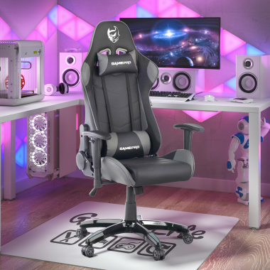 gamestoel grijs game pro kunstleder beweegbare armleuningen lumbale en cervicale kussen hoofdsteun 2