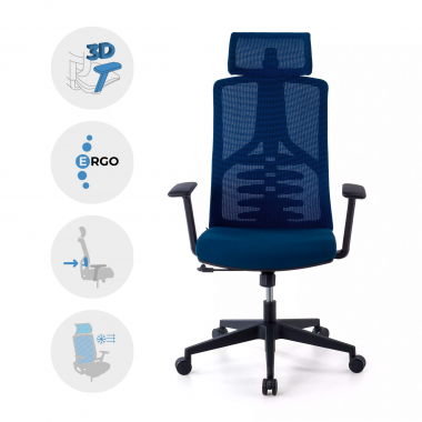 ergonomische bureaustoel blauw quick netstof mesh 3d verstelbare armleuningen lumbale steun hoofdsteun 3