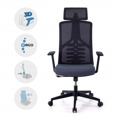 ergonomische bureaustoel grijs quick netstof mesh 3d verstelbare armleuningen lumbale steun hoofdsteun 3