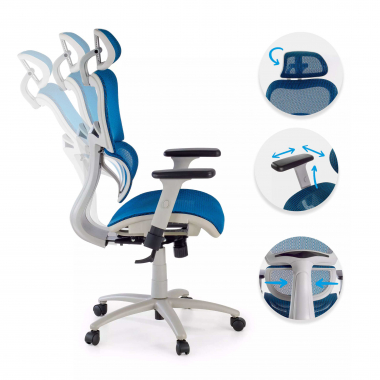 ergonomische bureaustoel wit blauw witte structuur netstof mesh 3d verstelbare armleuningen dubbele lumbale steun hoofdsteun 3