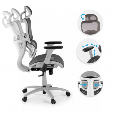 ergonomische bureaustoel wit grijs witte structuur netstof mesh 3d verstelbare armleuningen dubbele lumbale steun hoofdsteun 3