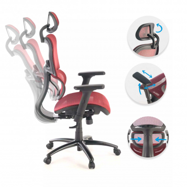 ergonomische bureaustoel rood zwarte structuur netstof mesh 3d verstelbare armleuningen dubbele lumbale steun hoofdsteun 3