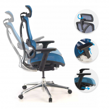 ergonomische bureaustoel blauw focus netstof mesh 3d verstelbare armleuningen lumbale steun 3