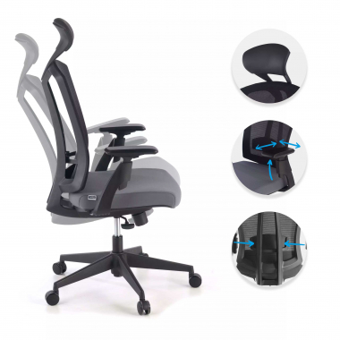 ergonomische bureaustoel grijs ridley netstof mesh 3d verstelbare armleuningen lumbale steun hoofdsteun 3