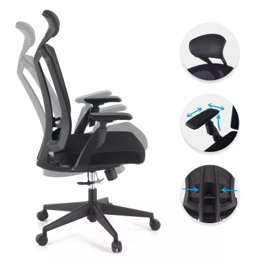 ergonomische bureaustoel zwart ridley netstof mesh 3d verstelbare armleuningen lumbale steun hoofdsteun 3