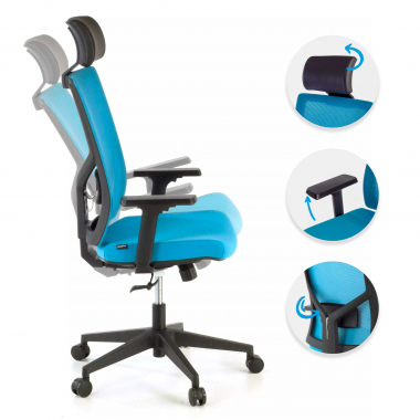 bureaustoel blauw zwarte structuur netstof mesh 1d verstelbare armleuningen lumbale steun hoofdsteun 3