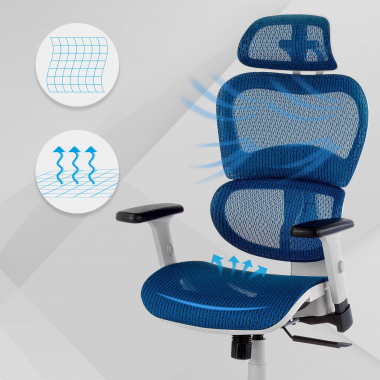 ergonomische bureaustoel wit blauw witte structuur netstof mesh 3d verstelbare armleuningen dubbele lumbale steun hoofdsteun 4