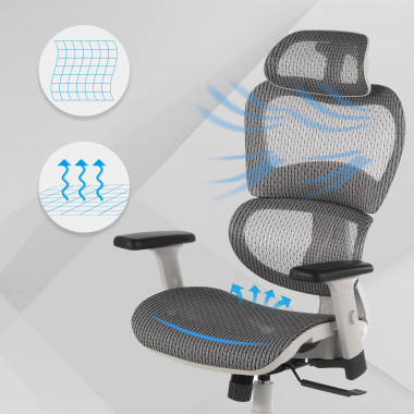 ergonomische bureaustoel wit grijs witte structuur netstof mesh 3d verstelbare armleuningen dubbele lumbale steun hoofdsteun 4
