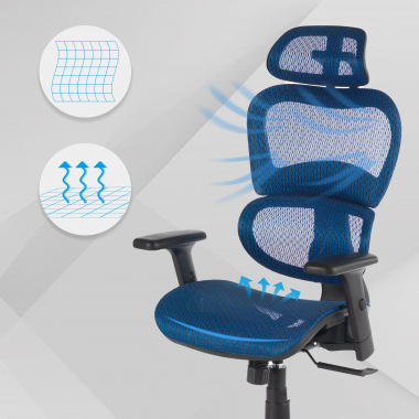 ergonomische bureaustoel blauw zwarte structuur netstof mesh 3d verstelbare armleuningen dubbele lumbale steun hoofdsteun 4