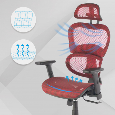 ergonomische bureaustoel rood zwarte structuur netstof mesh 3d verstelbare armleuningen dubbele lumbale steun hoofdsteun 4