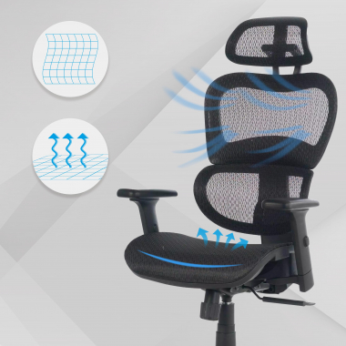 ergonomische bureaustoel zwart zwarte structuur netstof mesh 3d verstelbare armleuningen dubbele lumbale steun hoofdsteun 4