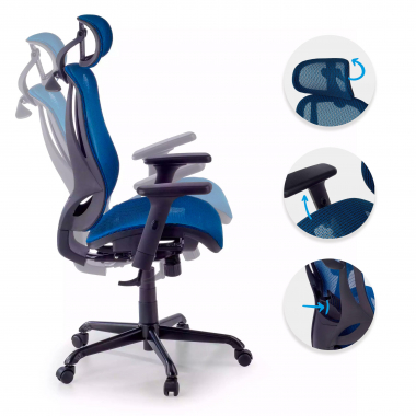 ergonomische bureaustoel blauw locktech netstof mesh 1d verstelbare armleuningen lumbale steun hoofdsteun 3