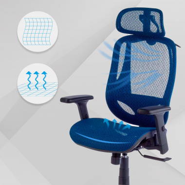 ergonomische bureaustoel blauw locktech netstof mesh 1d verstelbare armleuningen lumbale steun hoofdsteun 4