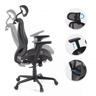 ergonomische bureaustoel zwart locktech netstof mesh 1d verstelbare armleuningen lumbale steun hoofdsteun 3