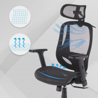 ergonomische bureaustoel zwart locktech netstof mesh 1d verstelbare armleuningen lumbale steun hoofdsteun 4