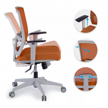 ergonomische bureaustoel wit oranje witte structuur netstof mesh 1d verstelbare armleuningen lumbale steun 3