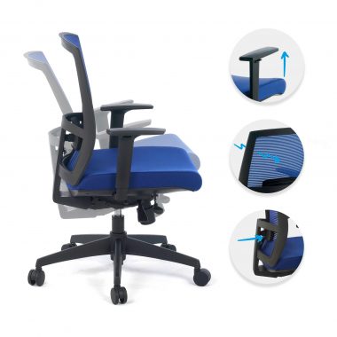 ergonomische bureaustoel blauw zwarte structuur netstof mesh 1d verstelbare armleuningen lumbale steun 3