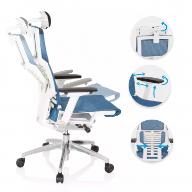goedkope bureaustoel wit blauw witte structuur netstof mesh 4d verstelbare armleuningen lumbale steun hoofdsteun 3