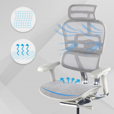 ergonomische bureaustoel wit grijs witte structuur net netstof mesh 5d verstelbare armleuningen hoofdsteun 4