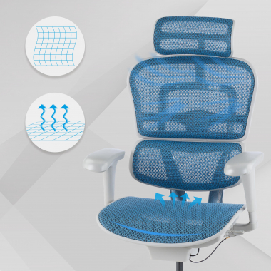 ergonomische bureaustoel wit blauw witte structuur net netstof mesh beweegbare armleuningen hoofdsteun 4