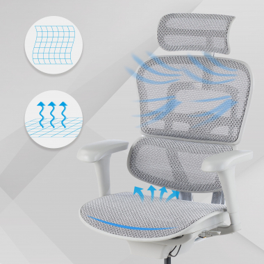 ergonomische bureaustoel wit grijs witte structuur net netstof mesh beweegbare armleuningen hoofdsteun 4