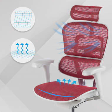 ergonomische bureaustoel wit rood witte structuur net netstof mesh beweegbare armleuningen hoofdsteun 4