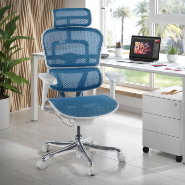 ergonomische bureaustoel wit blauw witte structuur net netstof mesh beweegbare armleuningen hoofdsteun 2
