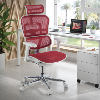 ergonomische bureaustoel wit rood witte structuur net netstof mesh beweegbare armleuningen hoofdsteun 2