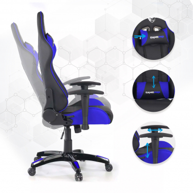 gamestoel blauw game pro kunstleder beweegbare armleuningen lumbale en cervicale kussen hoofdsteun 3