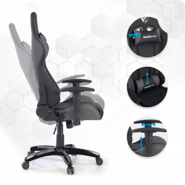 gamestoel grijs game pro kunstleder beweegbare armleuningen lumbale en cervicale kussen hoofdsteun 3