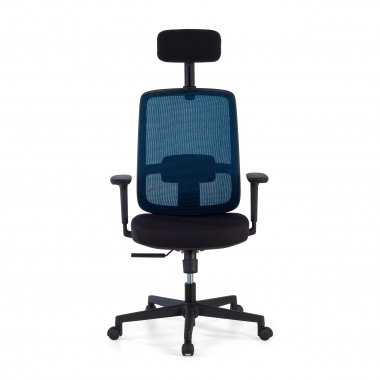 bureaustoel blauw zwarte structuur hoofdsteun netstof mesh 1d verstelbare armleuningen lumbale steun hoofdsteun 3