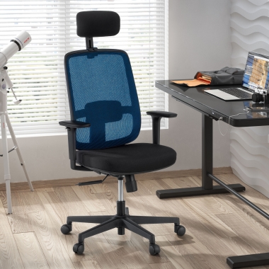 bureaustoel blauw zwarte structuur hoofdsteun netstof mesh 1d verstelbare armleuningen lumbale steun hoofdsteun 2