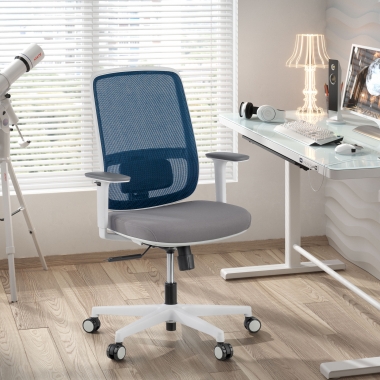 bureaustoel wit blauw witte structuur netstof mesh 1d verstelbare armleuningen lumbale steun 2