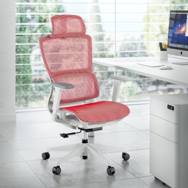 ergonomische bureaustoel wit rood witte structuur netstof mesh 3d verstelbare armleuningen dubbele lumbale steun hoofdsteun 2
