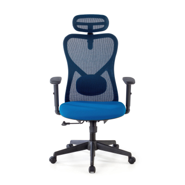 bureaustoel blauw zwarte structuur netstof mesh 1d verstelbare armleuningen lumbale steun hoofdsteun 3