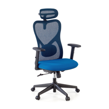 bureaustoel blauw zwarte structuur netstof mesh 1d verstelbare armleuningen lumbale steun hoofdsteun 1