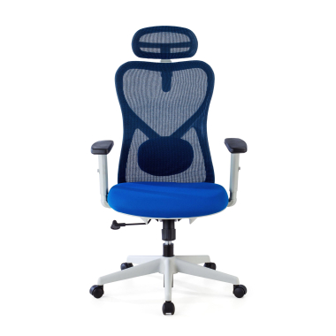 bureaustoel wit blauw witte structuur netstof mesh 1d verstelbare armleuningen lumbale steun hoofdsteun 3