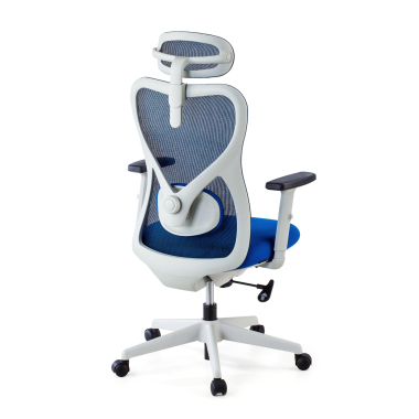 bureaustoel wit blauw witte structuur netstof mesh 1d verstelbare armleuningen lumbale steun hoofdsteun 8