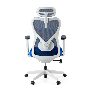 bureaustoel wit blauw witte structuur netstof mesh 1d verstelbare armleuningen lumbale steun hoofdsteun 4