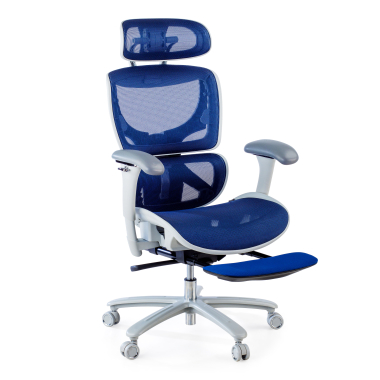 ergonomische bureaustoel wit blauw witte structuur netstof mesh 3d verstelbare armleuningen hoofdsteun uitschuifbare voetensteun 4