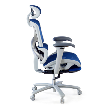 ergonomische bureaustoel wit blauw witte structuur netstof mesh 3d verstelbare armleuningen hoofdsteun uitschuifbare voetensteun 6