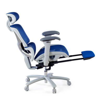 ergonomische bureaustoel wit blauw witte structuur netstof mesh 3d verstelbare armleuningen hoofdsteun uitschuifbare voetensteun 3
