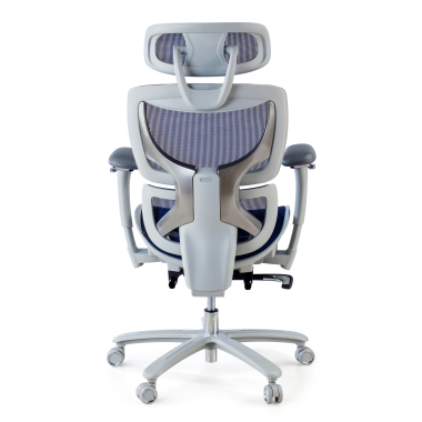 ergonomische bureaustoel wit blauw witte structuur netstof mesh 3d verstelbare armleuningen hoofdsteun uitschuifbare voetensteun 5